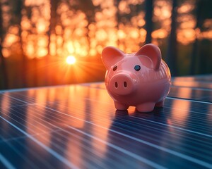 Piggy bank on solar panel sunset