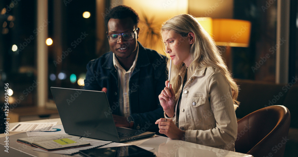 Poster laptop, teamwork and business people together at night for brainstorming, planning or web design. ad