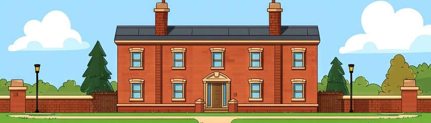 Obraz premium Brick house, sunny day, garden, family home, real estate