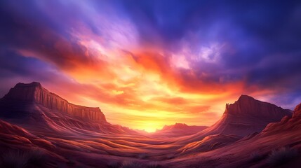 Naklejka premium A breathtaking sunset illuminates the sky, casting vibrant colors over rugged mountains and a serene valley below, creating a peaceful and majestic landscape.