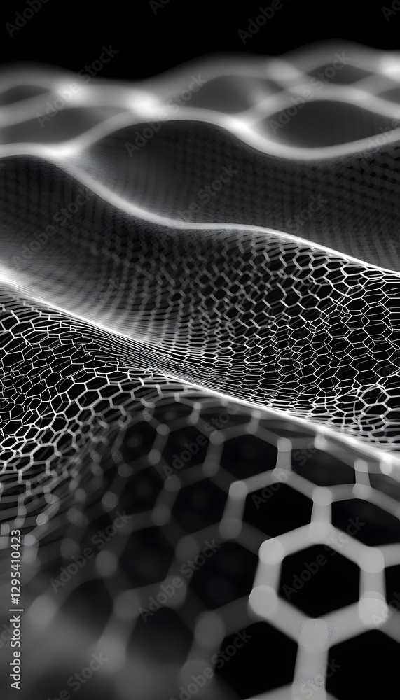 Poster abstract monochrome rendering of a undulating hexagonal wireframe structure