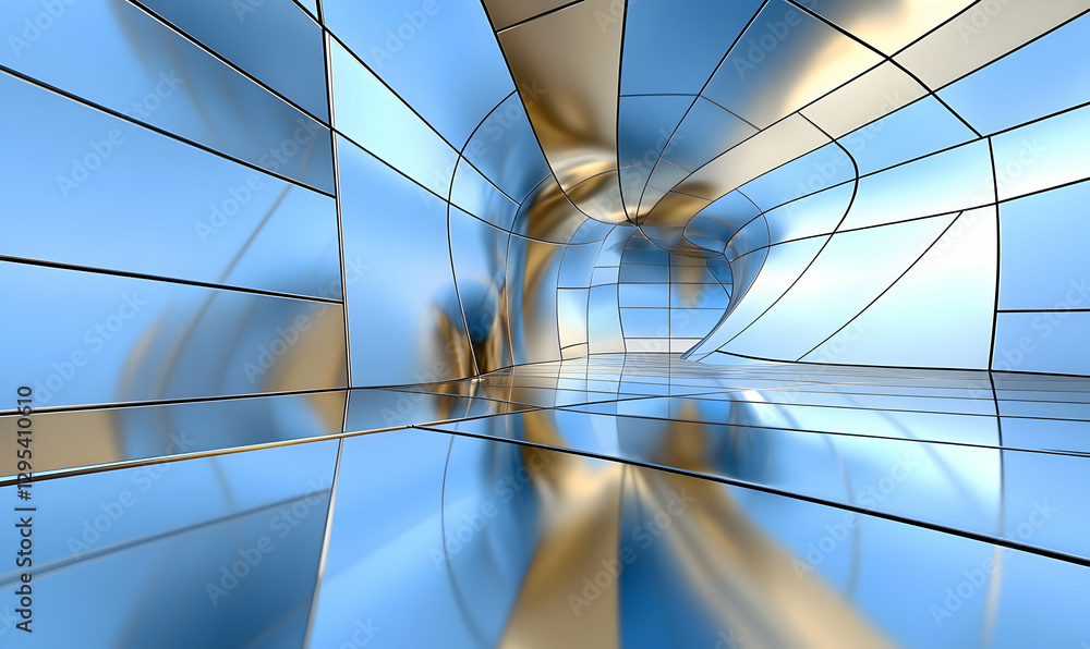 Poster abstract futuristic architecture; sleek metallic blue and gold interior design; reflective surfaces;