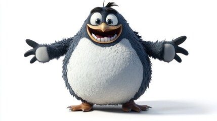 Happy blue bird character welcomes, white background