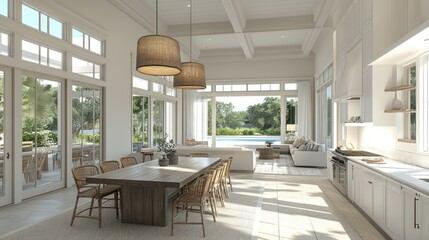 Open-concept dining room, kitchen, and living area with pool view