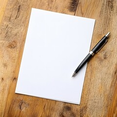 Blank Sheet of Paper and Black Pen on Wooden Table Surface