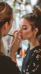 47. A makeup artist applying makeup to a client in a beauty salon