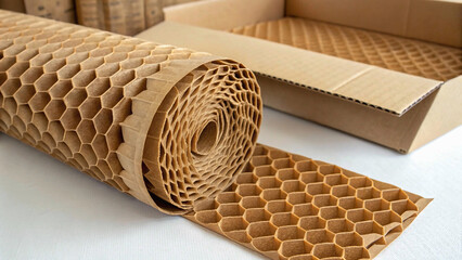 Obraz premium Eco friendly brown paper honeycomb wrap for product packaging parcel carton box,recyclable, cardboard box