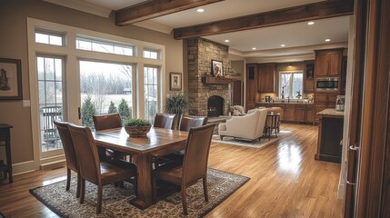 Open-concept Farmhouse Dining Room with Fireplace View