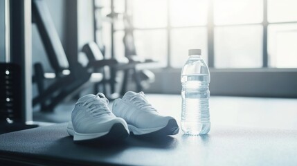 Obesity drug placed next to a pair of running shoes and a bottle of water on a gym bench. Featuring motivation and fitness
