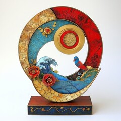 Naklejka premium Circular Abstract Sculpture with Stylized Waves and Bird