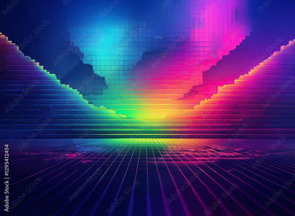 Poster vibrant digital landscape featuring pixelated clouds in the background and grid lines in the foregro