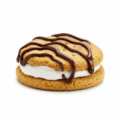  A single s’mores cookie with a marshmallow center, melted chocolate drizzled on top, and a golden graham cracker base. The contrast of textures creates a visually appealing treat.