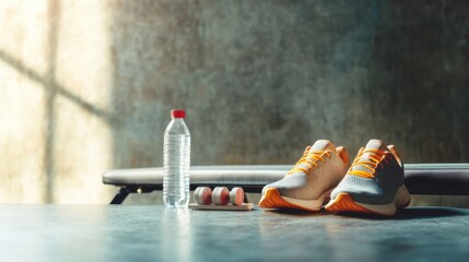 Obesity drug placed next to a pair of running shoes and a bottle of water on a gym bench. Featuring motivation and fitness