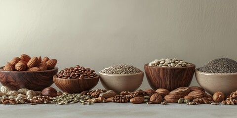 木製ボウルに盛られたナッツとシードのヘルシーなディスプレイ | Healthy Assorted Nuts and Seeds in Wooden Bowls