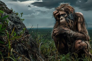 Ancient Timeline: prehistoric primitive, early hominin, cave-dweller, proto-human, Stone Age human, archaic Neanderthal, primal figure, primordial ancestor, premodern troglodyte, BC period .