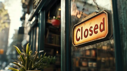 Closed shop sign, city street, bookstore interior