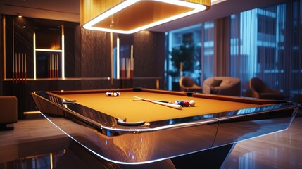 Modern Billiards Room Night Cityscape Luxury Apartment
