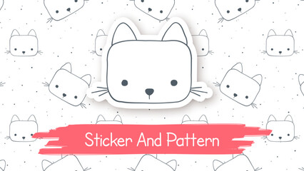Doodle Cat Cartoon Cartoon Character, Hand Drawn Kids Animal Style, Seamless Pattern, Sticker With Shadow