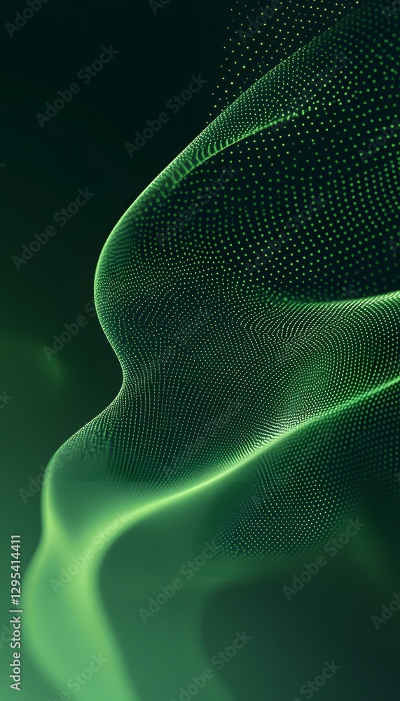 Poster abstract green wave formed from dots in a dark background