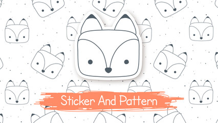 Doodle Fox Cartoon Character, Hand Drawn Kids Animal Style, Seamless Pattern, Sticker With Shadow