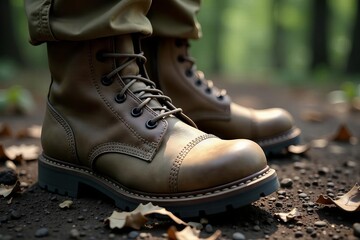 High-angle view of worn military boot outline, emphasizing texture, detail, worn boots, silhouette