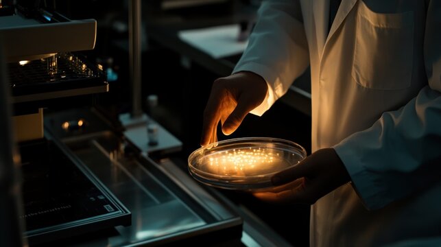 Scientist examining glowing samples in lab