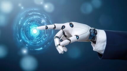 Robotic Hand Interacting with Glowing Blue Orb on Dark Background