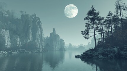Serene Nightscape: Misty Lake Under a Full Moon