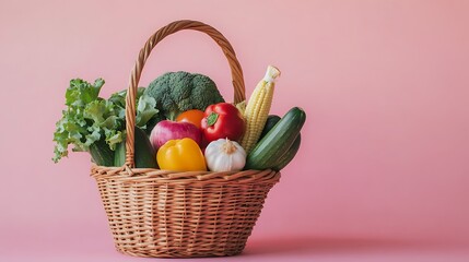 Vibrant Harvest: A Basket of Fresh Vegetables Against a Pink Background