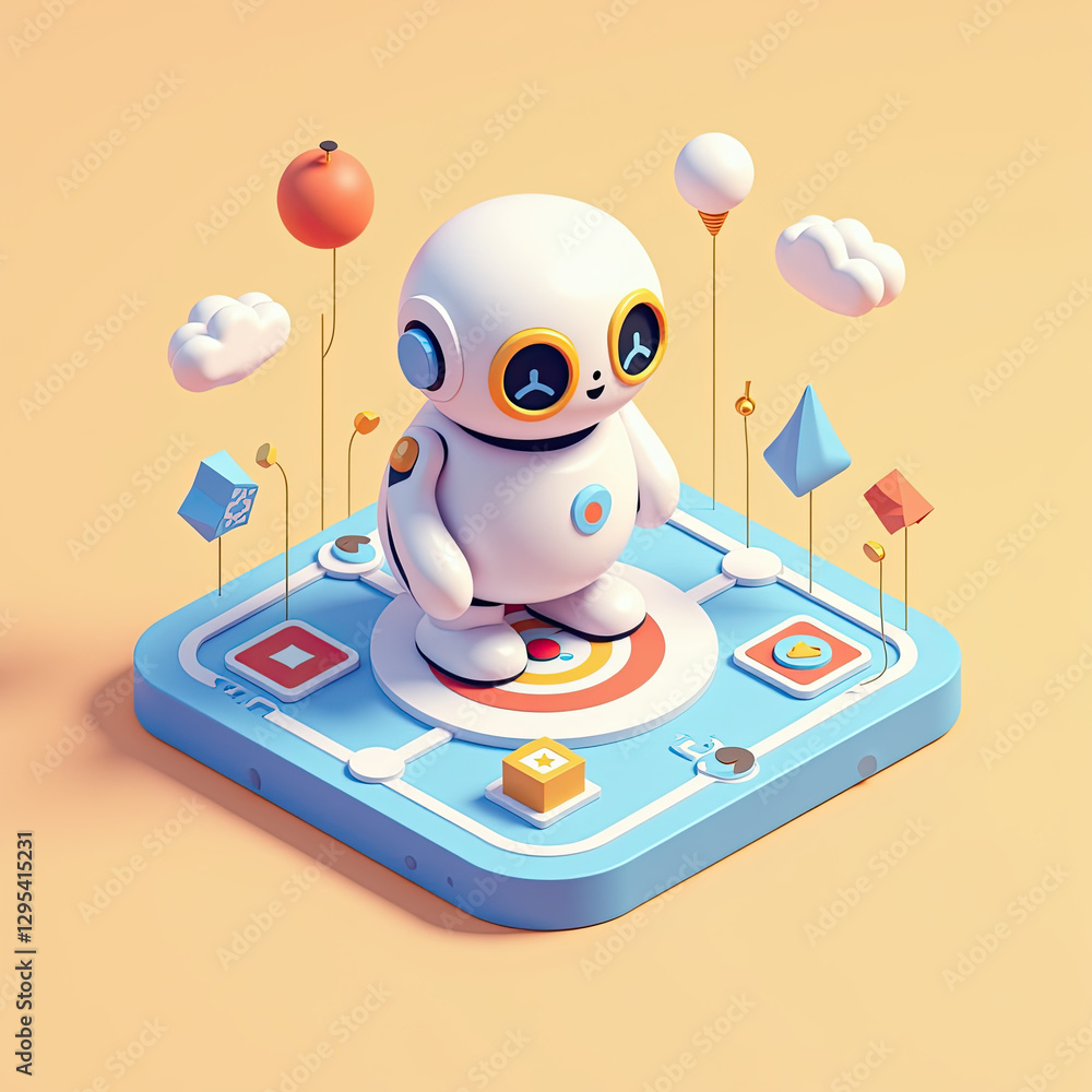 Poster cute robot on app interface 3d render - isometric illustrations