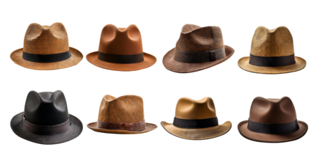 Variety of Stylish Fedora Hats on Display with Unique Designs, isolated on transparent background
