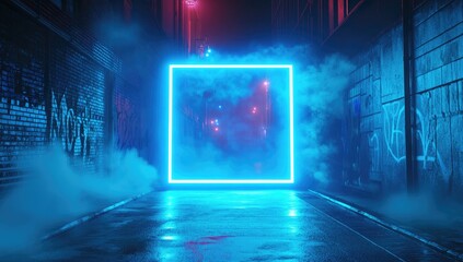 A glowing blue neon square frame in the center of an empty, dark street with fog and graffiti, creating a mysterious atmosphere. The background features tall buildings and city lights in silhouette.