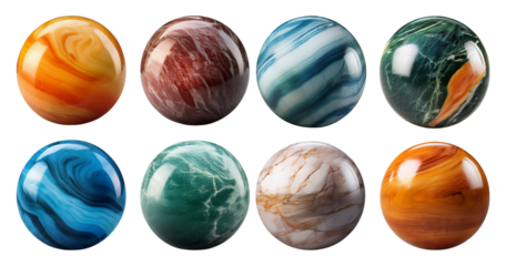 Colorful marble spheres in varied patterns and textures, isolated on transparent background