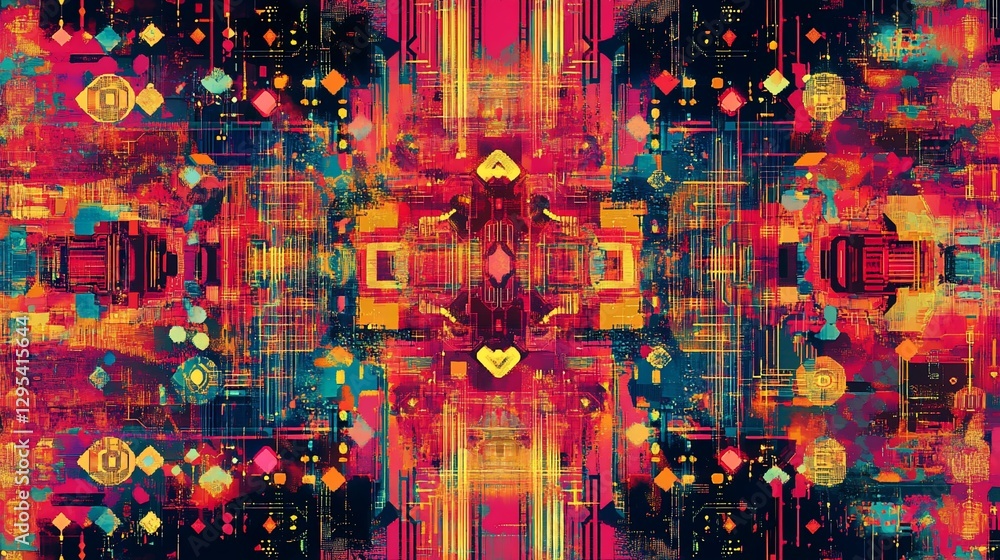 Poster abstract digital pattern with vibrant colors and geometric shapes creating an artistic background