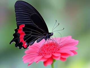 A beautiful butterfly rests delicately on a bright pink flower