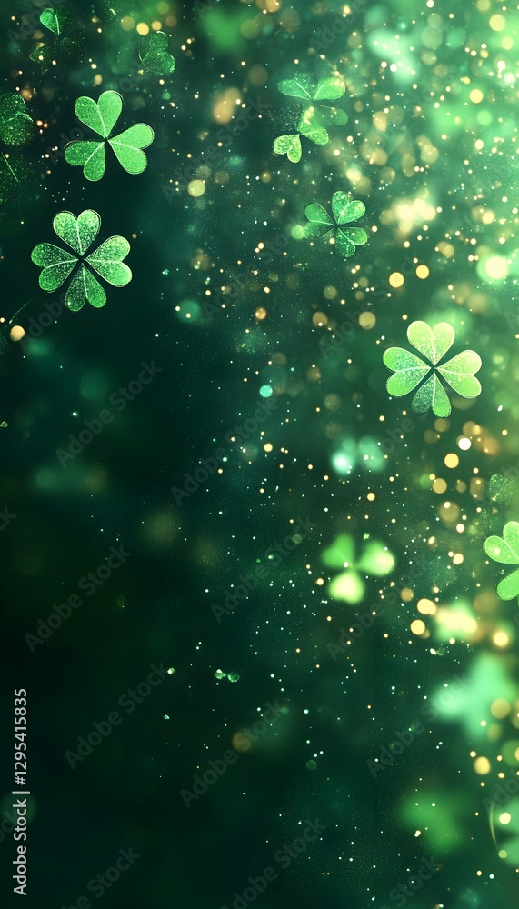 Poster sparkling shamrocks float amongst a dreamy green bokeh background