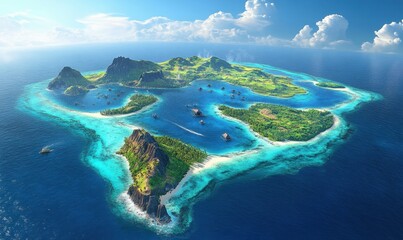 Tropical archipelago aerial view, turquoise water, boats, sunny sky, travel destination