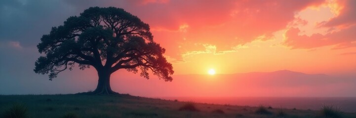 Fototapeta premium Ancient oak silhouette, misty dawn ethereal, majestic, morning, branch, mist
