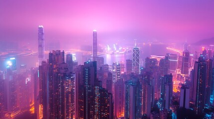 Obraz premium Neon Hong Kong Nightscape: A Dazzling Aerial View of Skyscrapers and City Lights