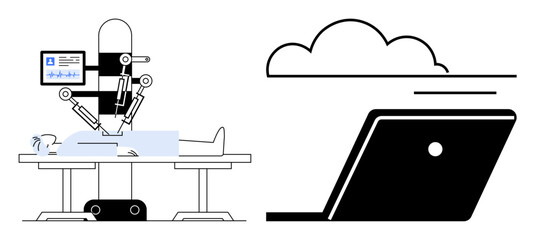 Robotic surgery with patient on operating table, medical monitor, robotic arms, laptop connected to cloud. Ideal for telemedicine, technology, innovation, healthcare, medical advancements remote
