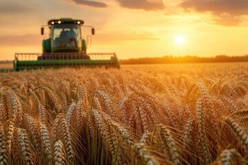 Fototapeta premium A green harvester working in the wheat field at sunset, photorealistic, hyperrealism, super-resolution photography, professional color grading