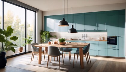 Modern Teal Kitchen Dining Room Interior - Biophilic Design (plants.