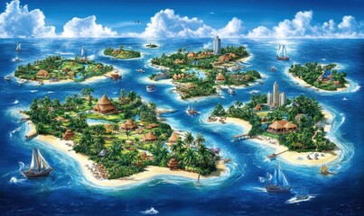 Obraz premium Tropical archipelago with resorts, sailboats, vibrant blue ocean, and sunny sky