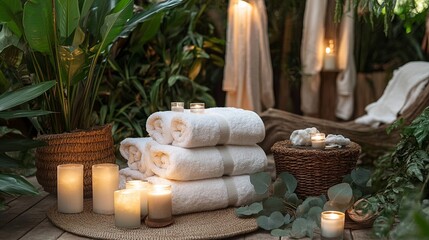 Luxurious spa setup with towels, candles, and eucalyptus leaves digital