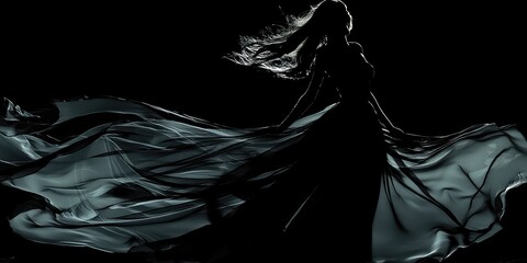 Silhouette of a girl wearing a flowing dress in the night wind.