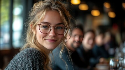 Young Woman with Glasses Smiling in a Cafe