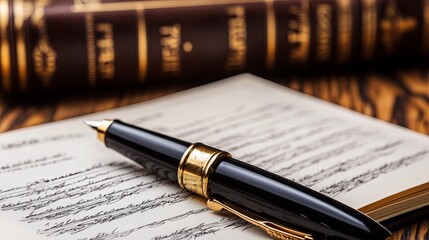 A glowing close-up of a notary journal styled with a sleek black pen. pic