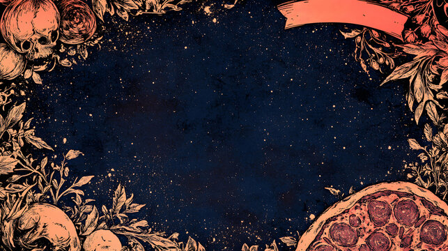 Elegant dark background with floral frame, skulls, and pizza; perfect for menu design or invitation.