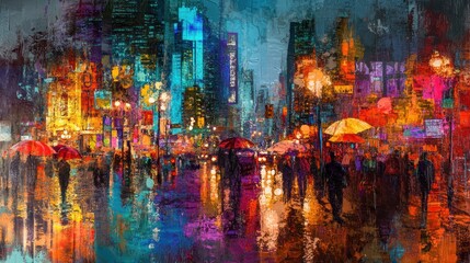 Impressionistic painting depicts a vibrant cityscape at night in rain