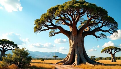 Majestic baobab branches and colossal trunk, tilting upward , sun, sky, wild